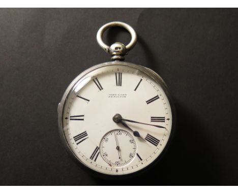 John Conn of Penicuik Silver open face pocket watch with key, hallmarked Chester 1893, the white enamel dial applied with bla