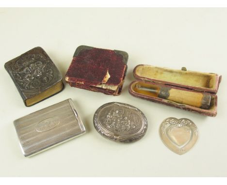 Mixed lot of Silver items comprising Snuff box, Vesta case, 2 Common prayer books, Book mark, cigar holder.