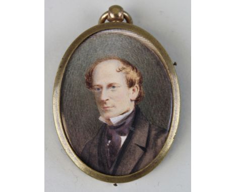 Late Victorian miniature watercolour portrait of a gentleman set within an oval brass frame
