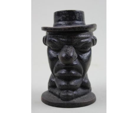 Unusual 19th Century Cast Iron lidded Jar in a caricature of a grumpy old man wearing a hat.