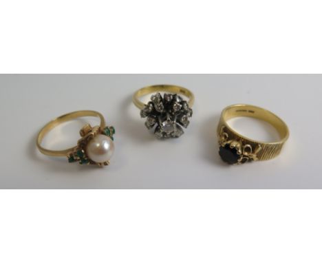 18ct Diamond Cluster Ring size M, Pearl/Emerald Yellow metal Ring size M, 18ct Sapphire ring size O weight 14 grams