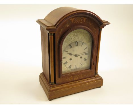Early 20th century westminster chimes bracket clock with silvered dial and inlaid marquetry front