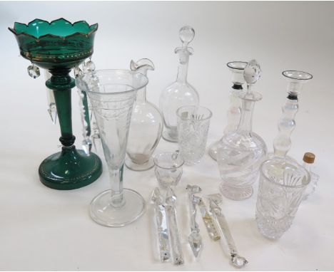 A box of mixed glassware including a green glass lustre, decanters, vase and candlestick