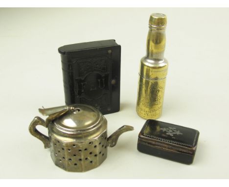 Miniature 18th century snuff box, a bakelite vesta, a folding corkscrew and a miniature kettle