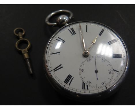 George IV Silver open face pocket watch with key, hallmarked London 1828, the white enamel dial applied with black roman nume