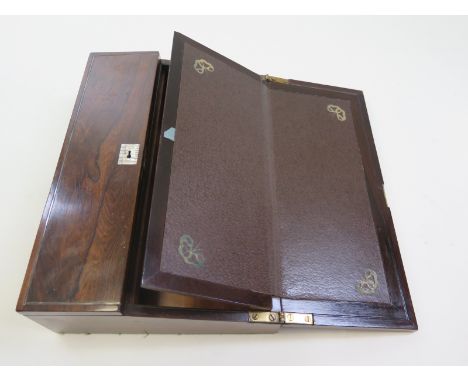 Very pretty late victorian ladies slope front rosewood writing slope with gilt tooled leather surface and mother of pearl det