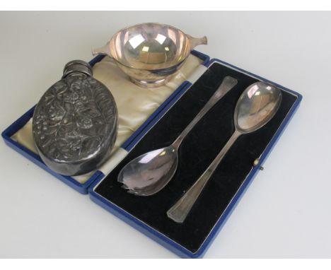 Mixed EPNS Lot: Scottish Quaich Bowl, Hip Flask with Cup former stopper, Boxed Salad Servers