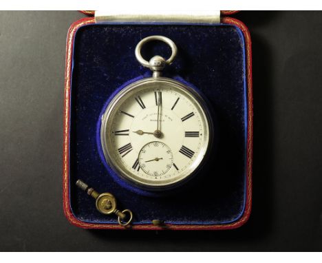 In its original box, Thos Russel silver English fusee pocket watch, hallmarked Chester 1889 the white enamel dial applied wit