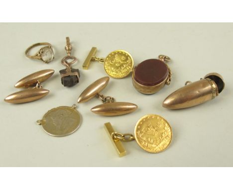 Mixed lot comprising Gold Coin cufflinks, Gold swivel, 9ct Gold Cufflinks and Ring, mounted shrapnel.