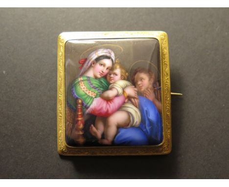 Yellow metal framed mother of pearl enamel depicting Mary and child biblical scene