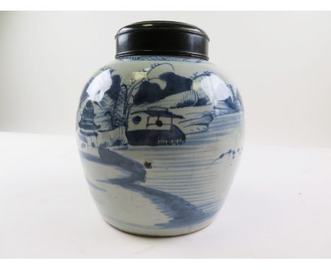 Large 18th century Chinese provencial ginger jar decorated in underglaze blue with a river scene