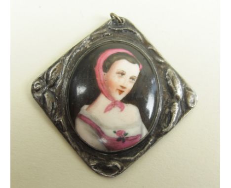 Georgian Bilston Portrait Miniature of a lady in a red scarf on pewter base 