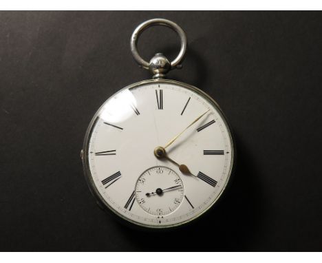 Silver open face pocket watch, hallmarked London 1856, the white enamel dial applied with black roman numerals, bordered by a