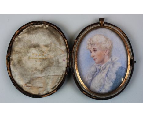 Large Victorian portrait miniature on Ivory of Marion Walpole dated 1897 in brass frame within green morrocco leather case