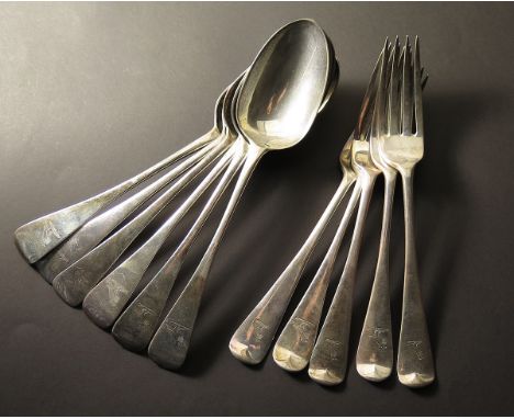 Assortment of silver flatware, five forks and six spoons, all hallmarked London 1870s, total weight approx 790g