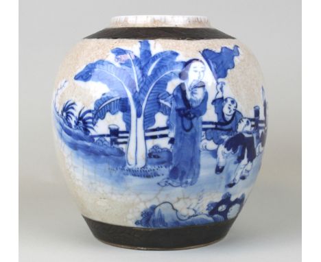 Crackle glaze 19th century Chinese porcelain ginger jar decorated in underglaze blue with boys at play and signed with a four