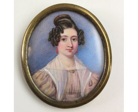 Beautiful 19th century Portrait miniature on Ivory marked S Bulkley 69 Oxford St, London. Mounted in oval brass frame.