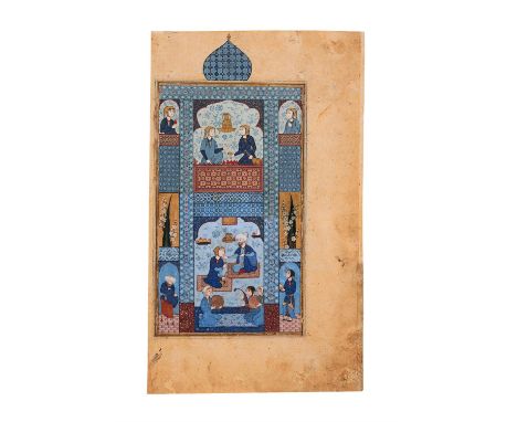 Bahran Gur in the blue pavilion visiting the princess, leaf from Hasht-Behesht of Amir Khusraw, illuminated manuscript on pap