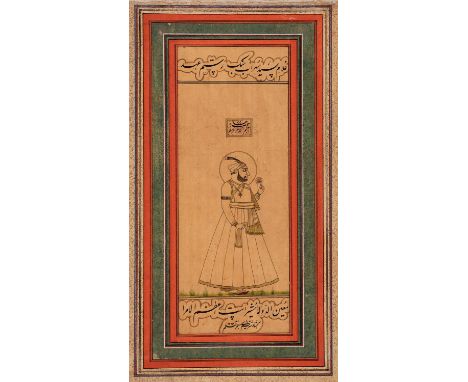 Portrait of a Nobleman, artist signed Qasim Ra'isi, from a fine album leaf with three verses of Persian calligraphy to the re