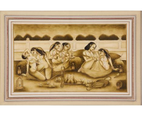 A Harem Scene, fine illuminated Indian miniature painting on paper [India (Kishangarh), first half of nineteenth century]sing