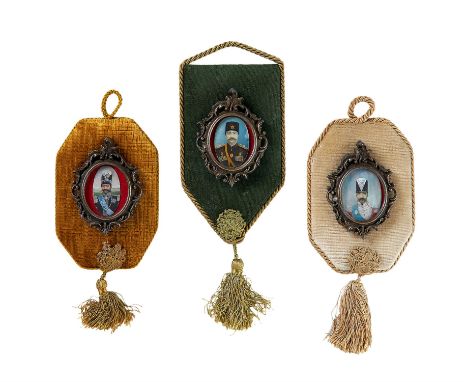 Portraits of Nassir ad-Din and Muzzaffer ad-Din Shah Qajar, miniature paintings on bone mounted to nineteenth century cushion