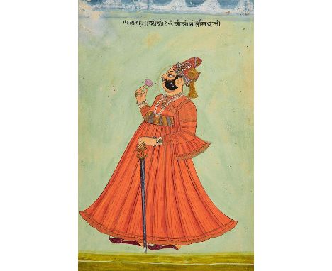 Portrait of a Maharajah holding a flower, possibly Bhim Singh of Marwar, Indian miniature on card [India (Rajasthan, possibly