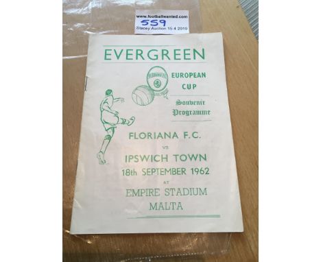 62/63 Floriana v Ipswich Town Football Programme: Green European Cup 18 page programme in good condition with writing to cent