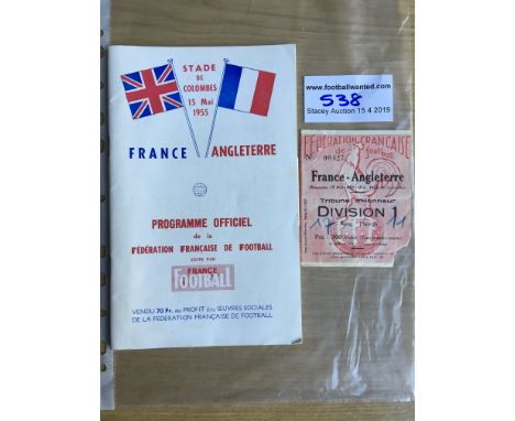 1955 France v England Football Programme + Ticket: Mint condition programme dated 15 5 1955 plus ticket which has small piece