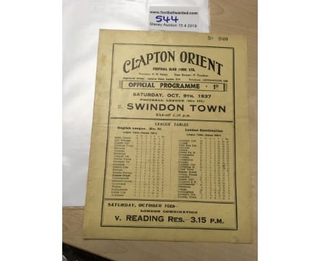 37/38 Clapton Orient v Swindon Town Football Programme: Very good condition dated 9 10 1937 with no team changes. Light fold.