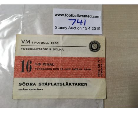 1958 World Cup Ticket Sweden v Hungary: Runners up and hosts Sweden group 3 match v Hungary. Very good condition with fold da