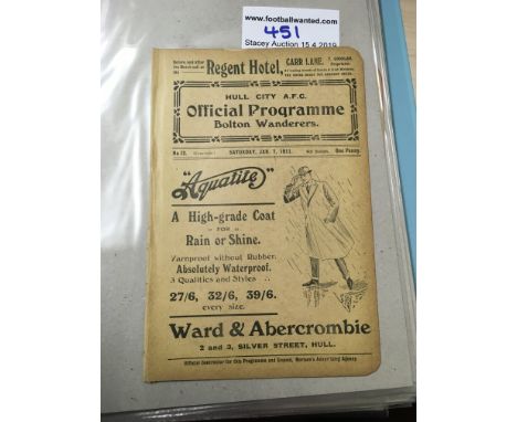 1910/11 Hull City v Bolton Wanderers Football Programme: Excellent condition 14 page programme with no team changes. Slight r