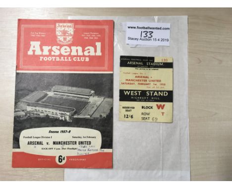 57/58 Arsenal v Manchester United Programme + Ticket: The last match the Busby Babes played in England before the Munich air 