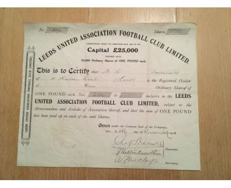 1920 Leeds United Football Share Certificate: Embossed with club stamp and signed by both directors and the secretary who was