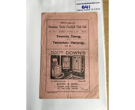 45/46 Swansea Town v Tottenham Football Programme: Good condition with team changes and score to cover. Hard to obtain.