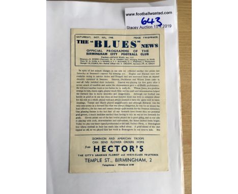 45/46 Birmingham City v Tottenham Football Programme: Very good condition with no team changes. Score on team page.