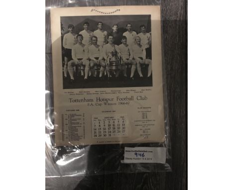 Tottenham 1968 Football Calendar: Unused 12 x 10 inch calendar depicting the 1967 FA Cup Winning team with cup. All 12 months