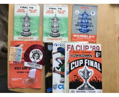 FA Cup Final Programmes + Memorabilia: 1964 programmes x 2, ticket, song sheet and West Ham rosette. C/W 3 more finals and a 