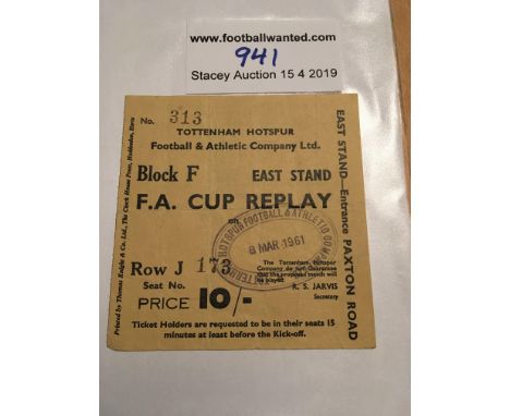 60/61 Tottenham v Sunderland FA Cup Football Ticket: Hard to obtain ticket from the Spurs double season. Replay ticket is sta