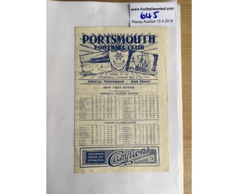 45/46 Portsmouth v Tottenham Football Programme: Very good condition with no team changes. Tiny number written to cover.