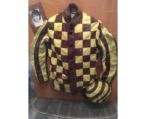 John Francombe Race Worn Horse Racing Jockey Colours: Cap and jacket in large heavy perspex case which has damage. Can just m