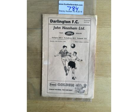 60/61 Darlington v West Ham League Cup Football Programme: West Hams first ever away League Cup match. Good with no team chan