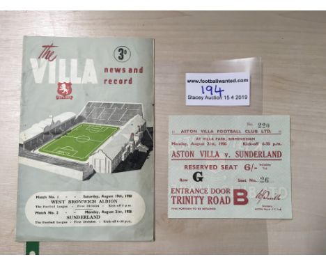 50/51 Aston Villa v Sunderland Football Programme + Ticket: First Division match dated 21 8 1950. Programme good and ticket e