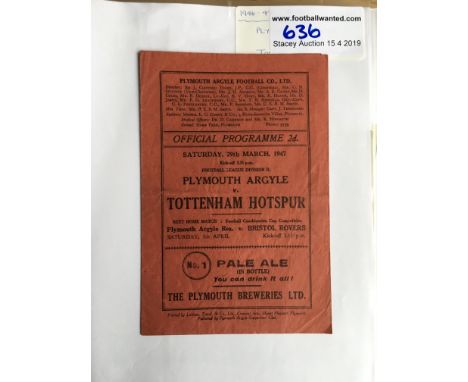 46/47 Plymouth Argyle v Tottenham Football Programme: Good condition red edition with no team changes. Slight creases.