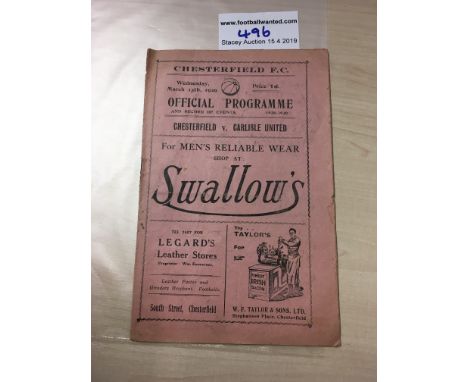 1928/29 Chesterfield v Carlisle United Football Programme: This was Carlisles first season in The Football League. Fair/good 