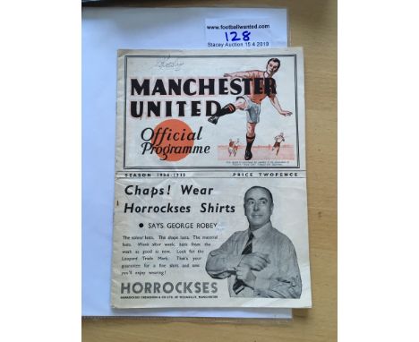 34/35 Manchester United v Fulham Signed Football Programme: Good condition programme signed in pencil to cover by Utds Rowley