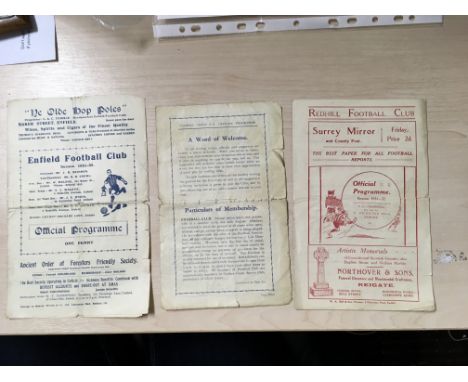 Enfield + Non League Pre War Football Memorabilia: Nice lot following the career of William Joyce. Enclosed are 3 programmes 