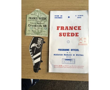 1955 France v Sweden Football Programme + Ticket: Dated 3 4 1955 programme is excellent with prices missing from ticket for e