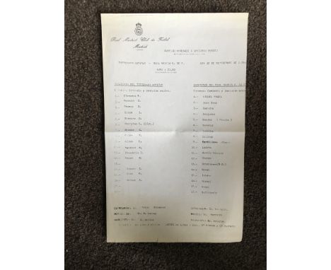 1984 Real Madrid v Tottenham Football Team Sheet: Original team sheet for the Benito testimonial played on 12 9 1984. No prog