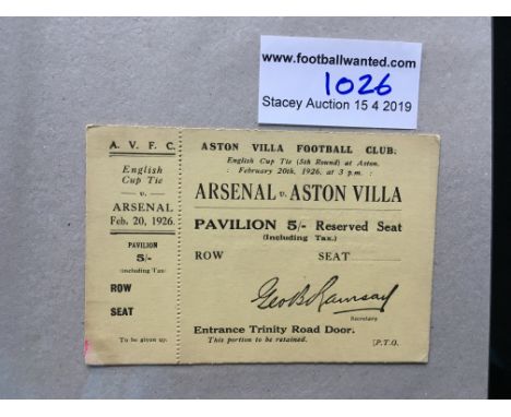 1925/26 Aston Villa v Arsenal FA Cup Football Ticket: Unused ticket with counterfoil attached for the 5th round tie at Villa 