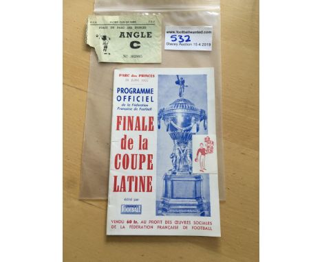 1955 Latin Cup Final Football Programme + Ticket: Unopened programme with used ticket that has bottom corner torn out for ent